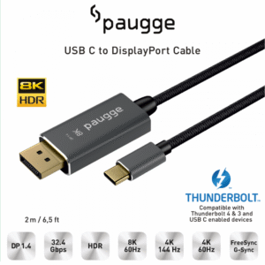 Kablolar Paugge 8K 60Hz / 4K 144Hz / 4K 120Hz / 4K 60Hz HDR USB C to Displayport Kablo Tem Teknoloji